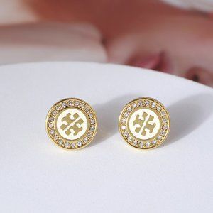 Tory Burch Round Zircon Logo Stud Earrings